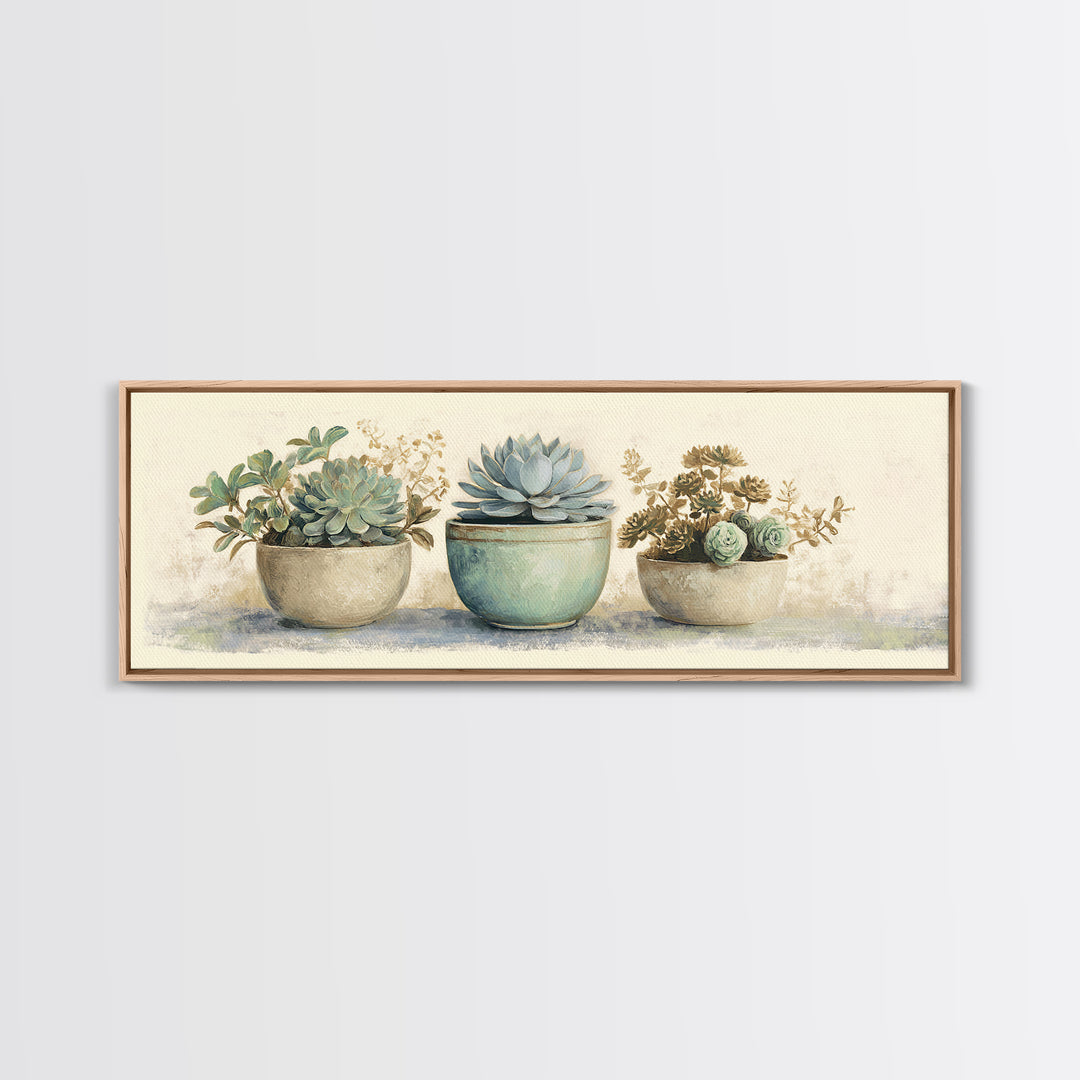 Succulent Collection in Ceramic Planters Canvas Print, Patio Art, Floral Art, Patio Decor, Oil Painting, Outdoor, PAT-3x1-61