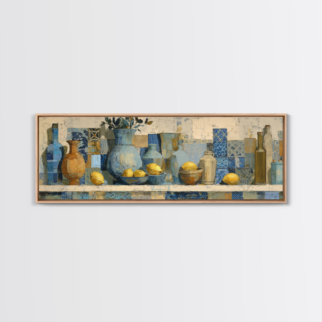 Mediterranean Lemons and Blue Tile Pattern Canvas Print, Patio Art, Coastal Decor, Patio Decor, Outdoor, Family Wall Art, PAT-3x1-66
