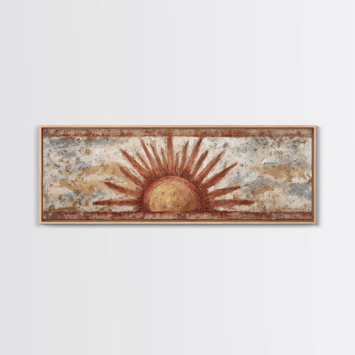 Sun Motif with Warm Terracotta Rays Framed Canvas Print, Patio Art, Outdoor Wall Decor, Patio Decor, Fine Art, Outdoor, PAT-3x1-82