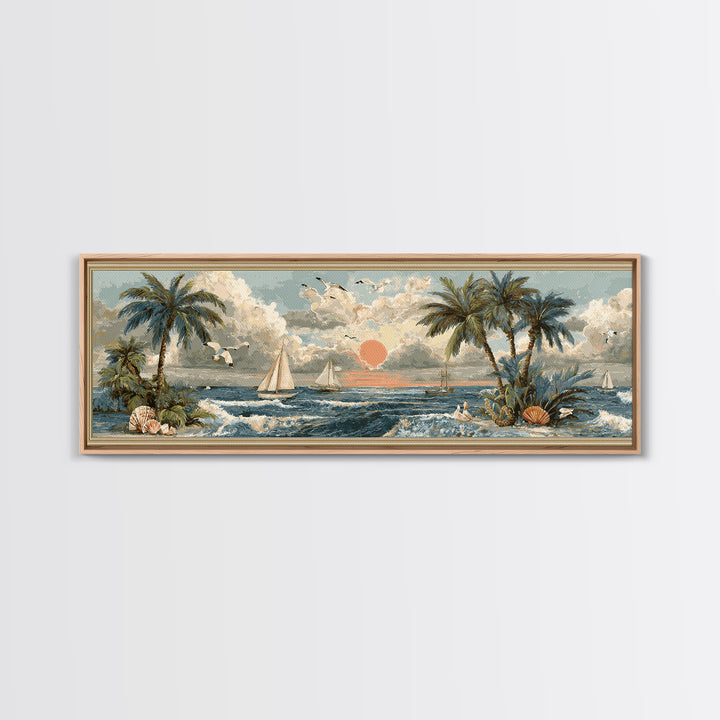 Beachy Shell and Palm Arrangement Canvas Print, Patio Art, Wall Hanging, Patio Decor, Outdoor, Beach Art, Beach House Decor, PAT-3x1-83