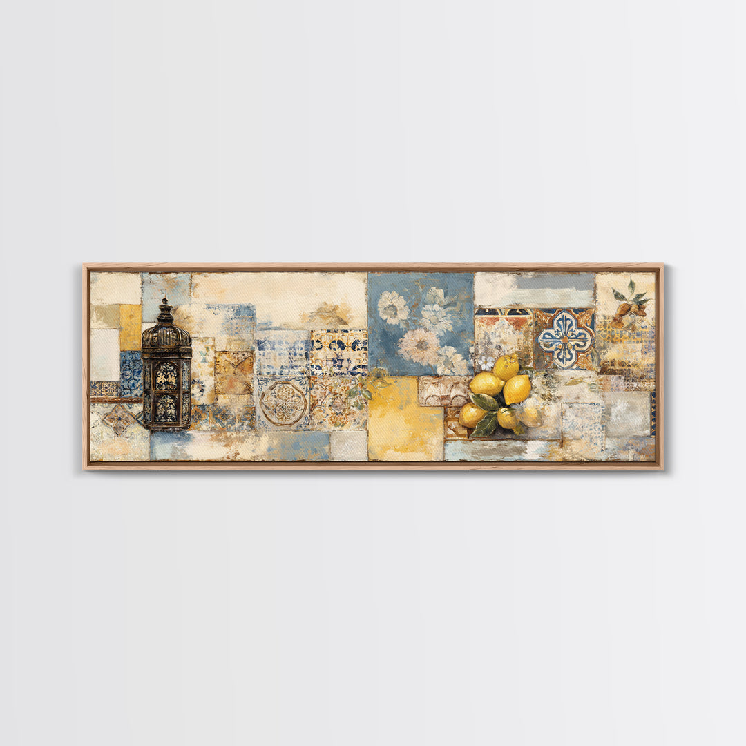 Mediterranean Lemons and Blue Tile Pattern Framed Canvas Print, Patio Art, Beach House Decor, Patio Decor, Fine Art, Outdoor, PAT-3x1-90