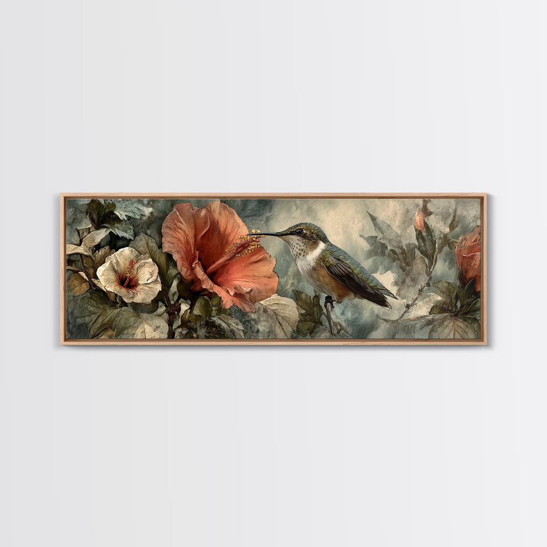 Hummingbird Visiting Bright Hibiscus Canvas Print, Patio Art, Room Decor, Patio Decor, Fine Art, Outdoor, Garden Art, PAT-3x1-91