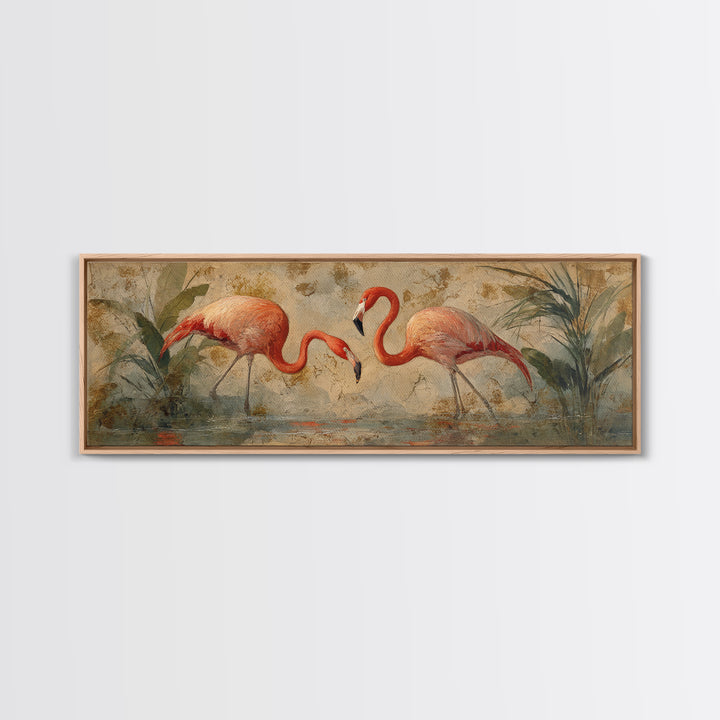 Flamingo Pair Beside Shallow Water Canvas Print, Patio Art, Floral Art, Patio Decor, Fine Art, Outdoor, Statement Artwork, PAT-3x1-98