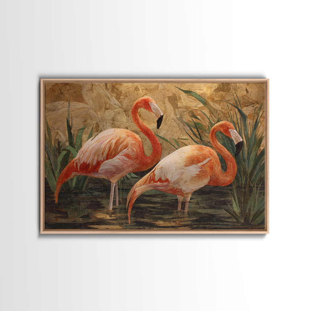 Flamingo Pair Beside Shallow Water Framed Canvas Print, Patio Art, Garden Decor, Patio Decor, Fine Art, Outdoor, Beach Art, PAT-3x2-14