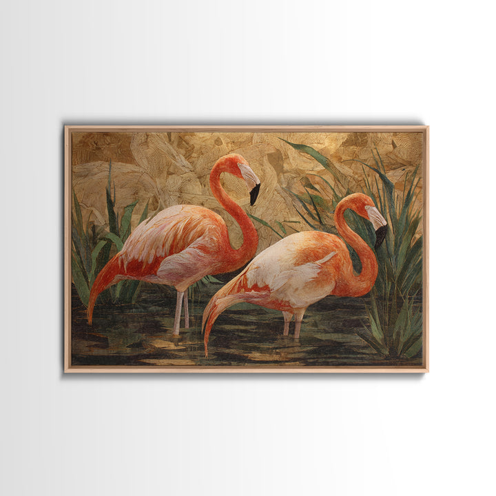 Flamingo Pair Beside Shallow Water Framed Canvas Print, Patio Art, Garden Decor, Patio Decor, Fine Art, Outdoor, Beach Art, PAT-3x2-14