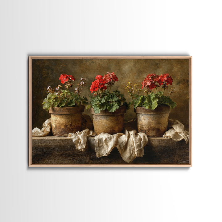Potted Geraniums in Rustic Clay Pots Framed Canvas Print, Patio Art, Garden Art, Patio Decor, Outdoor, Beach House Decor, PAT-3x2-18