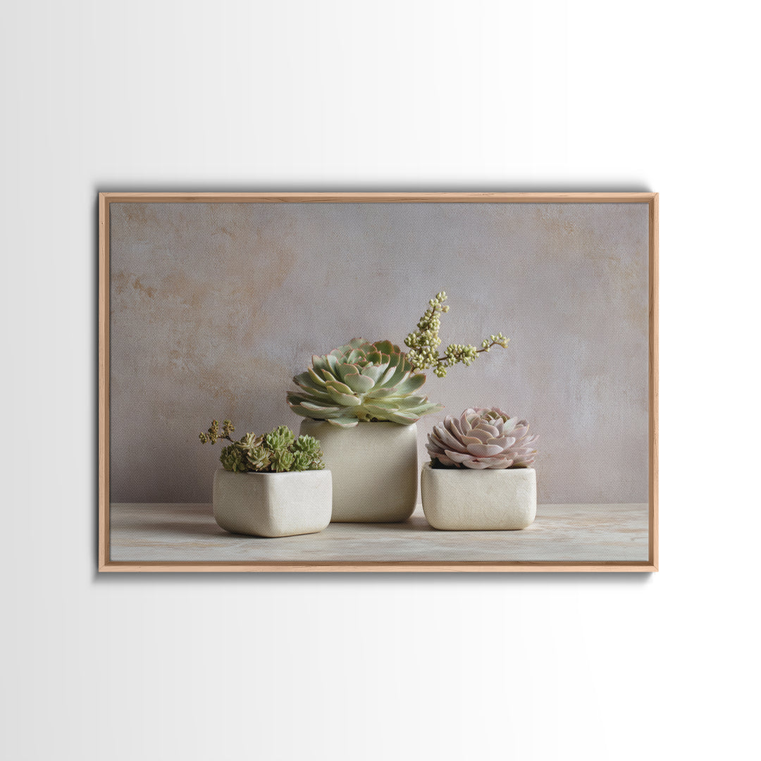 Succulent Collection in Ceramic Planters Framed Canvas Print, Patio Art, Patio Decor, Abstract Art, Outdoor, Gallery Decor, PAT-3x2-25