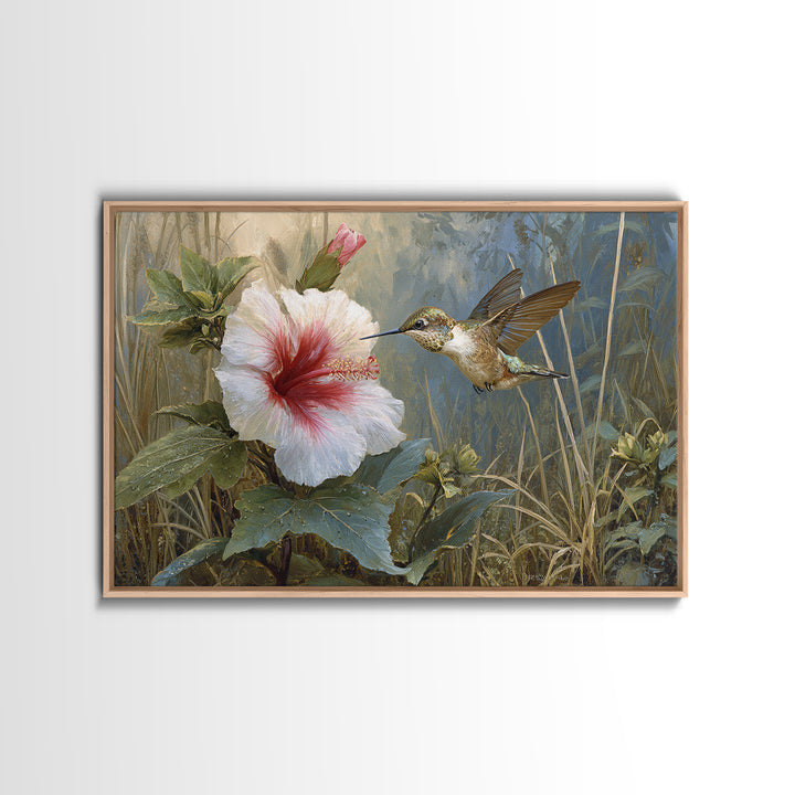 Hummingbird Visiting Bright Hibiscus Framed Canvas Print, Patio Art, Patio Cushions, Patio Decor, Outdoor, Luxury Decor, PAT-3x2-31
