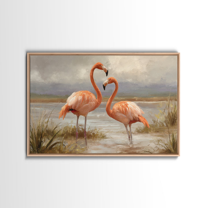 Flamingo Pair Beside Shallow Water Canvas Print, Patio Art, Outdoor Wall Decor, Patio Decor, Fine Art, Outdoor, Yard Decor, PAT-3x2-38