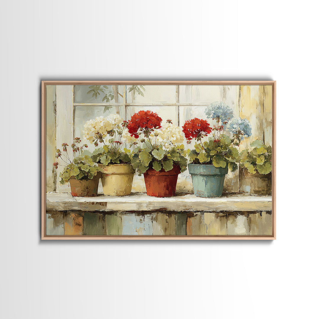 Potted Geraniums in Rustic Clay Pots Canvas Print, Patio Art, Floral Wall Art, Patio Decor, Fine Art, Outdoor, Mixed Media Art, PAT-3x2-42