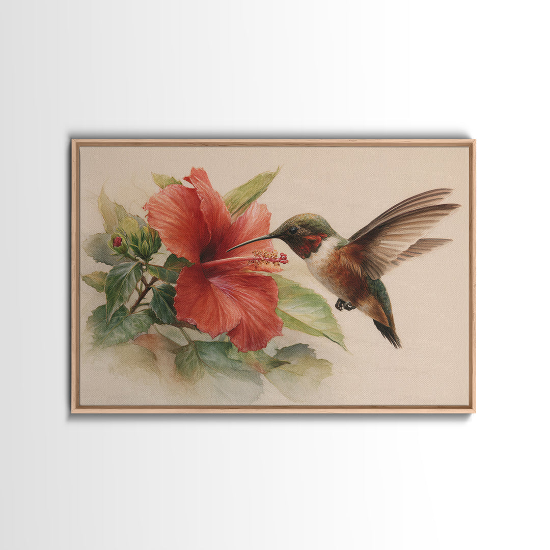 Hummingbird Visiting Bright Hibiscus Framed Canvas Print, Patio Art, Decor, Patio Decor, Oil Painting, Outdoor, PAT-3x2-55