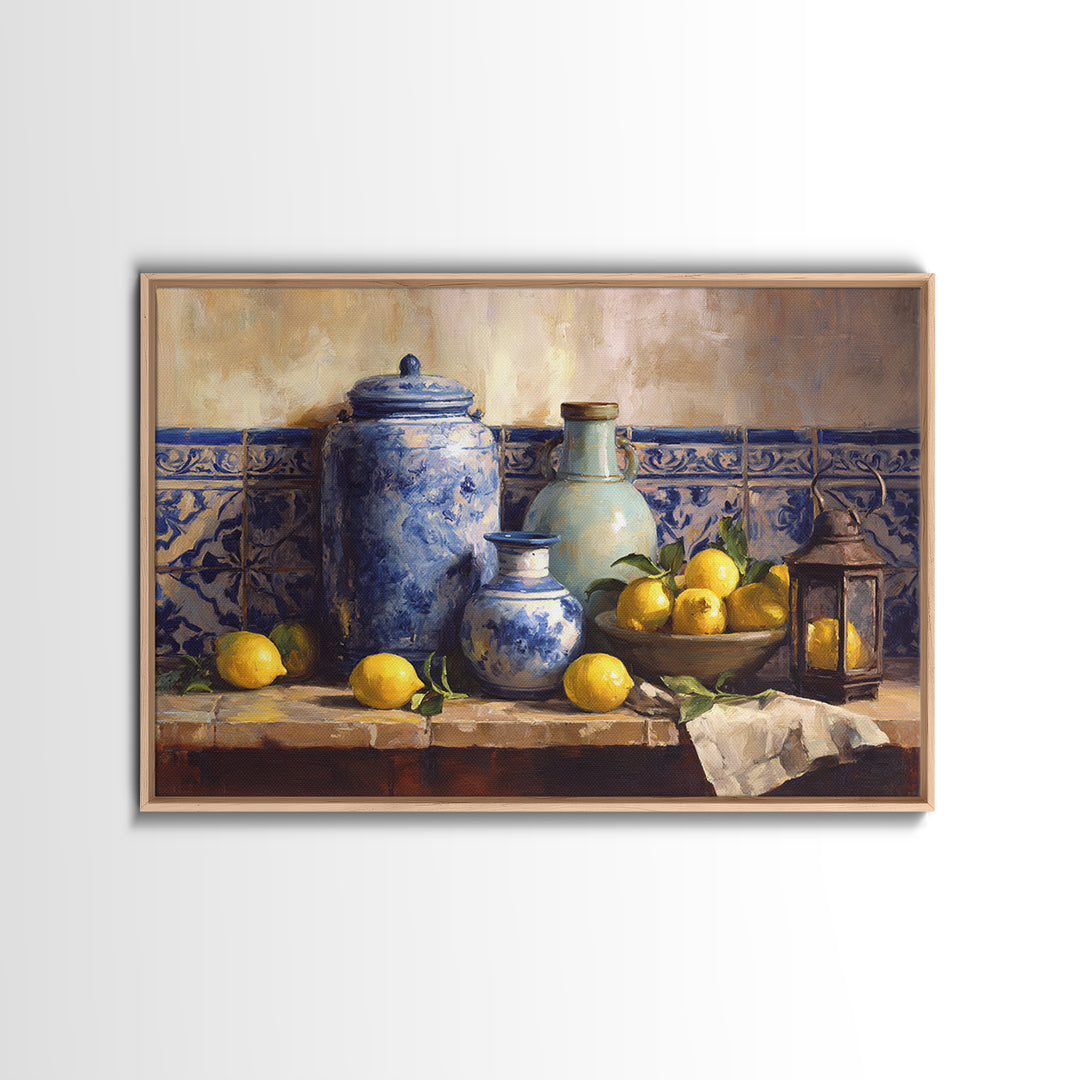 Mediterranean Lemons and Blue Tile Pattern Framed Canvas Print, Patio Art, Yard Art, Patio Decor, Outdoor, Lake House Decor, PAT-3x2-6