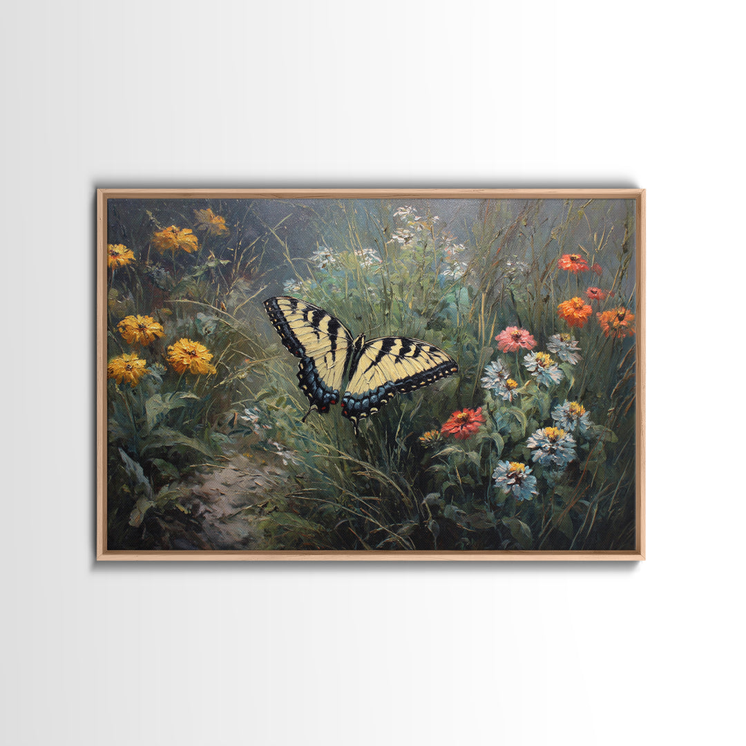 Butterfly Garden with Zinnias and Daisies Framed Canvas Print, Patio Art, Floral Art, Patio Decor, Fine Art, Outdoor, PAT-3x2-65