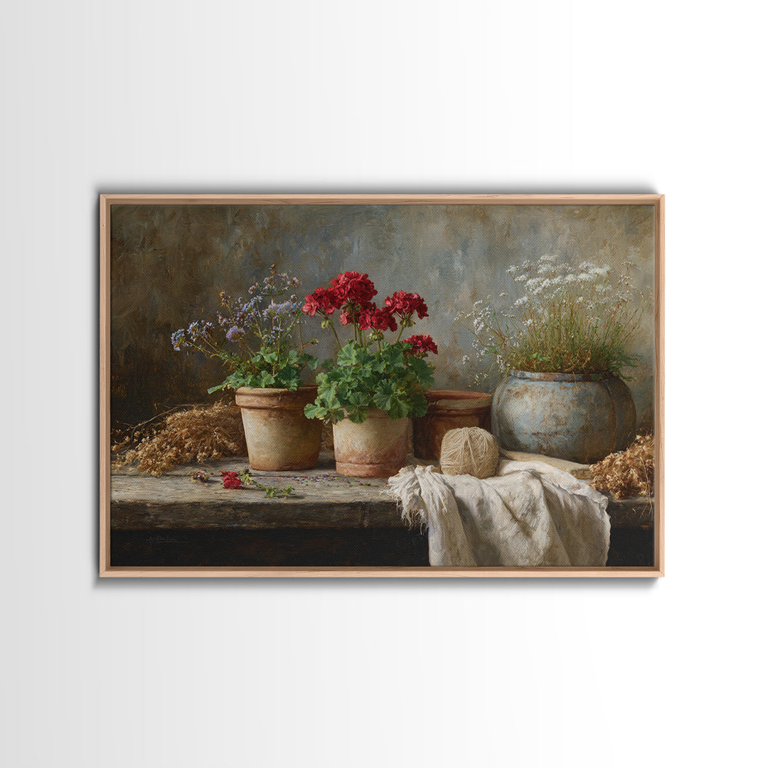 Potted Geraniums in Rustic Clay Pots Canvas Print, Patio Art, Floral Wall Art, Patio Decor, Fine Art, Outdoor, Mixed Media Art, PAT-3x2-66