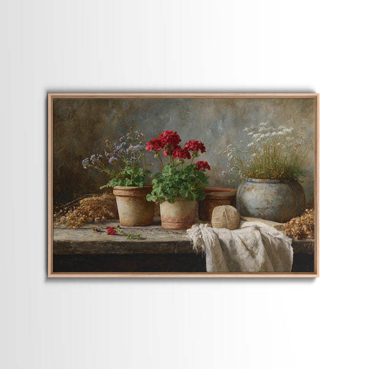 Potted Geraniums in Rustic Clay Pots Canvas Print, Patio Art, Floral Wall Art, Patio Decor, Fine Art, Outdoor, Mixed Media Art, PAT-3x2-66