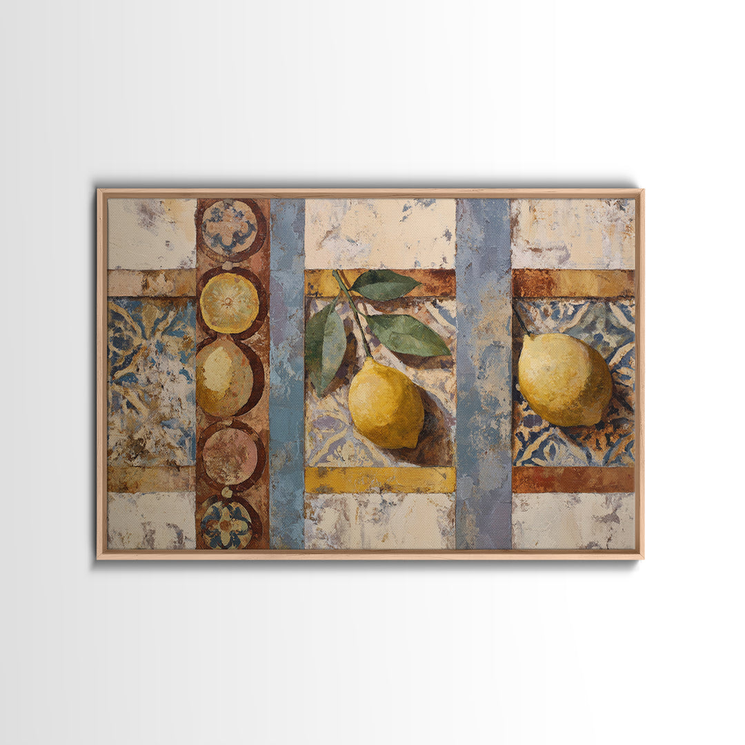 Mediterranean Lemons and Blue Tile Pattern Framed Canvas Print, Patio Art, Floral Art, Patio Decor, Fine Art, Outdoor, PAT-3x2-78