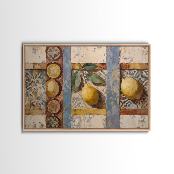 Mediterranean Lemons and Blue Tile Pattern Framed Canvas Print, Patio Art, Floral Art, Patio Decor, Fine Art, Outdoor, PAT-3x2-78