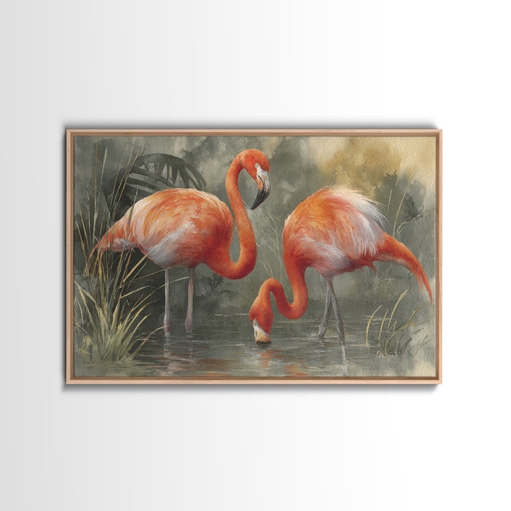 Flamingo Pair Beside Shallow Water Framed Canvas Print, Patio Art, Patio Decor, Fine Art, Outdoor, Gallery Decor, Neutral Decor, PAT-3x2-86