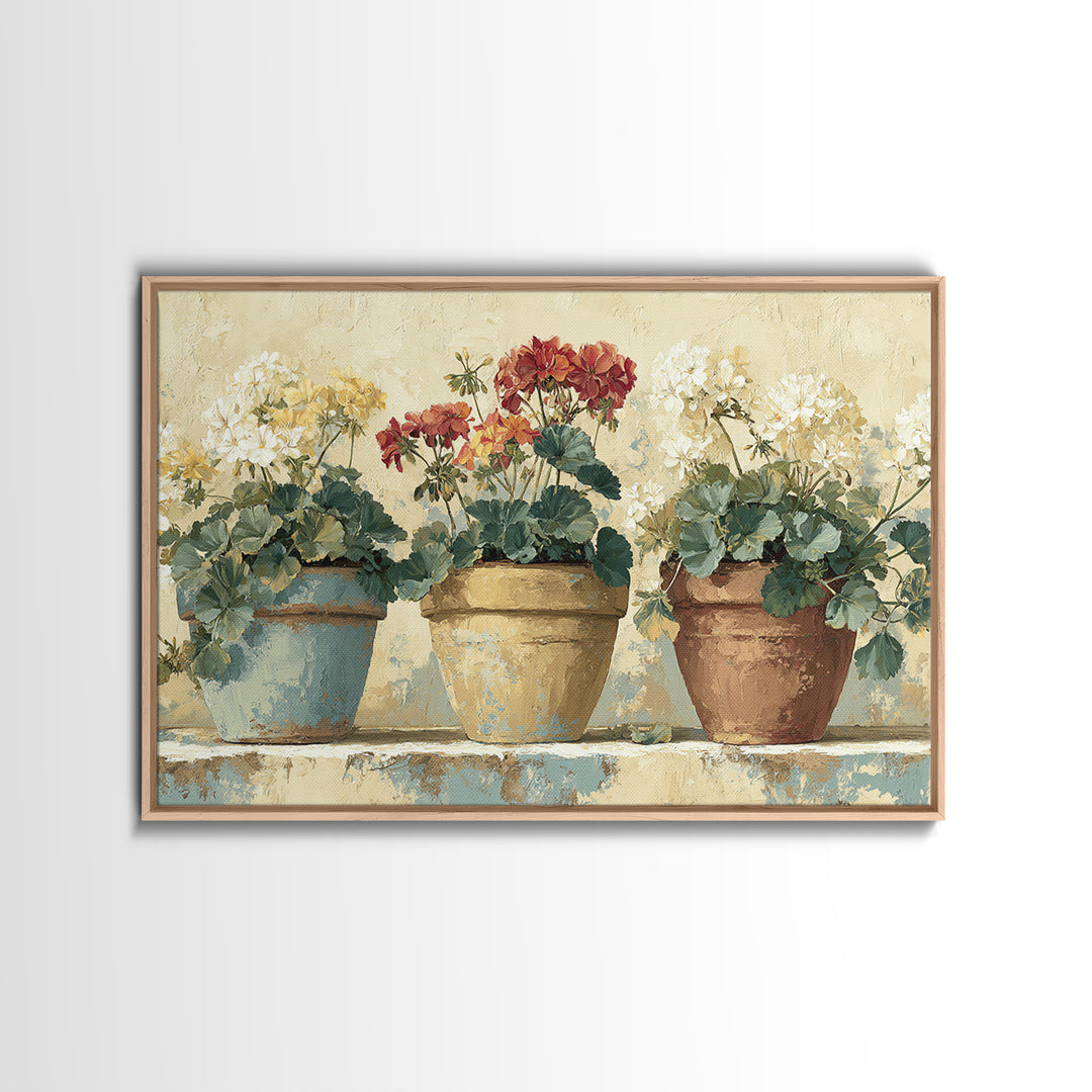 Potted Geraniums in Rustic Clay Pots Framed Canvas Print, Patio Art, Beach Art, Patio Decor, Fine Art, Outdoor, Neutral Decor, PAT-3x2-90