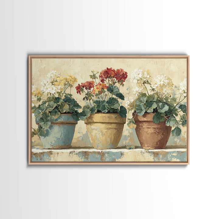 Potted Geraniums in Rustic Clay Pots Framed Canvas Print, Patio Art, Beach Art, Patio Decor, Fine Art, Outdoor, Neutral Decor, PAT-3x2-90