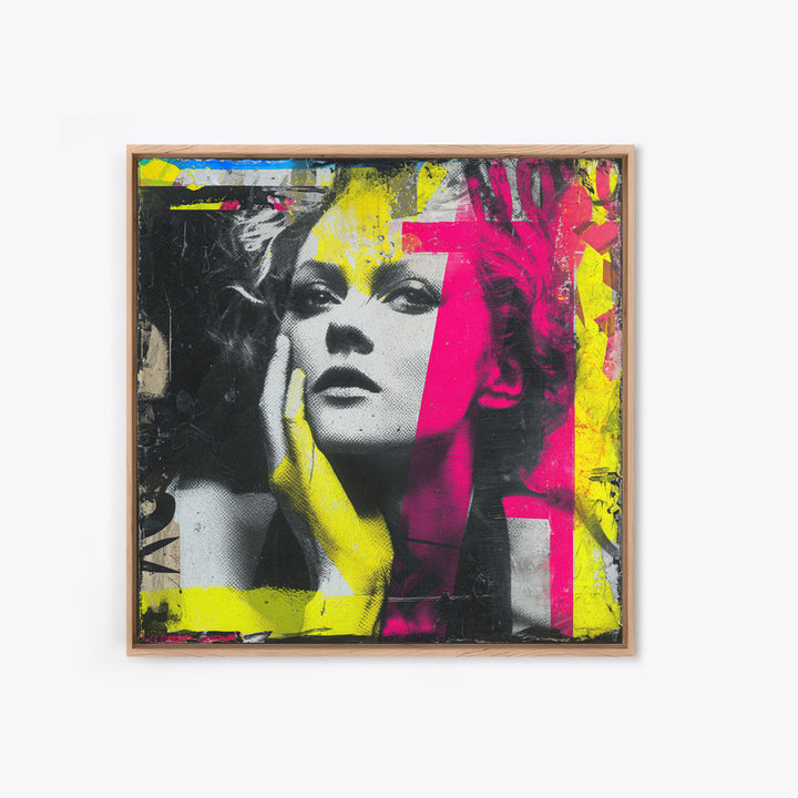 Neon Portrait with Thick Black Outlines Framed Canvas Print, Pop Art, Eclectic Home Decor, Living Room Decor, Fine Art, Pop, POP-1x1-100
