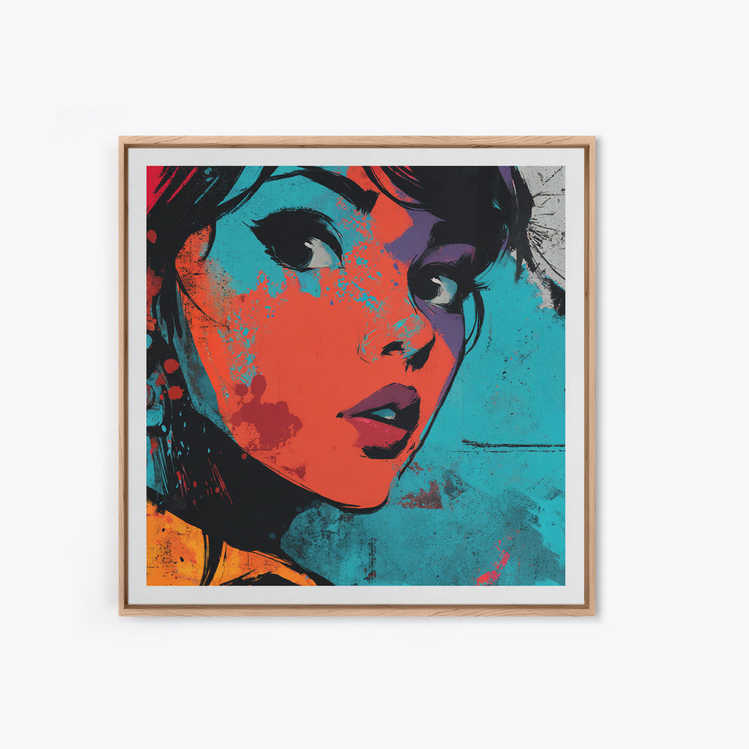 Neon Portrait with Thick Black Outlines Canvas Print, Pop Art, Dark Art, Living Room Decor, Oil Painting, Pop, POP-1x1-76