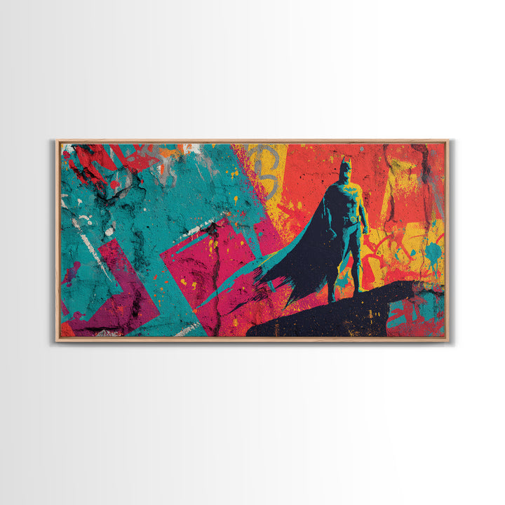 Superhero Silhouette in Dynamic Color Fields Framed Canvas Print, Pop Art, Living Room Decor, Abstract Art, Pop, POP-2x1-35