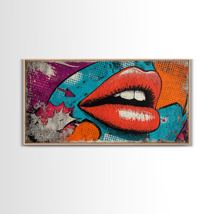 Bold Comic Lips Framed Canvas Print, Pop Art, Decor, Living Room Decor, Fine Art, Pop, Dopamine Decor, Mexican Art, Modern Art, POP-2x1-45