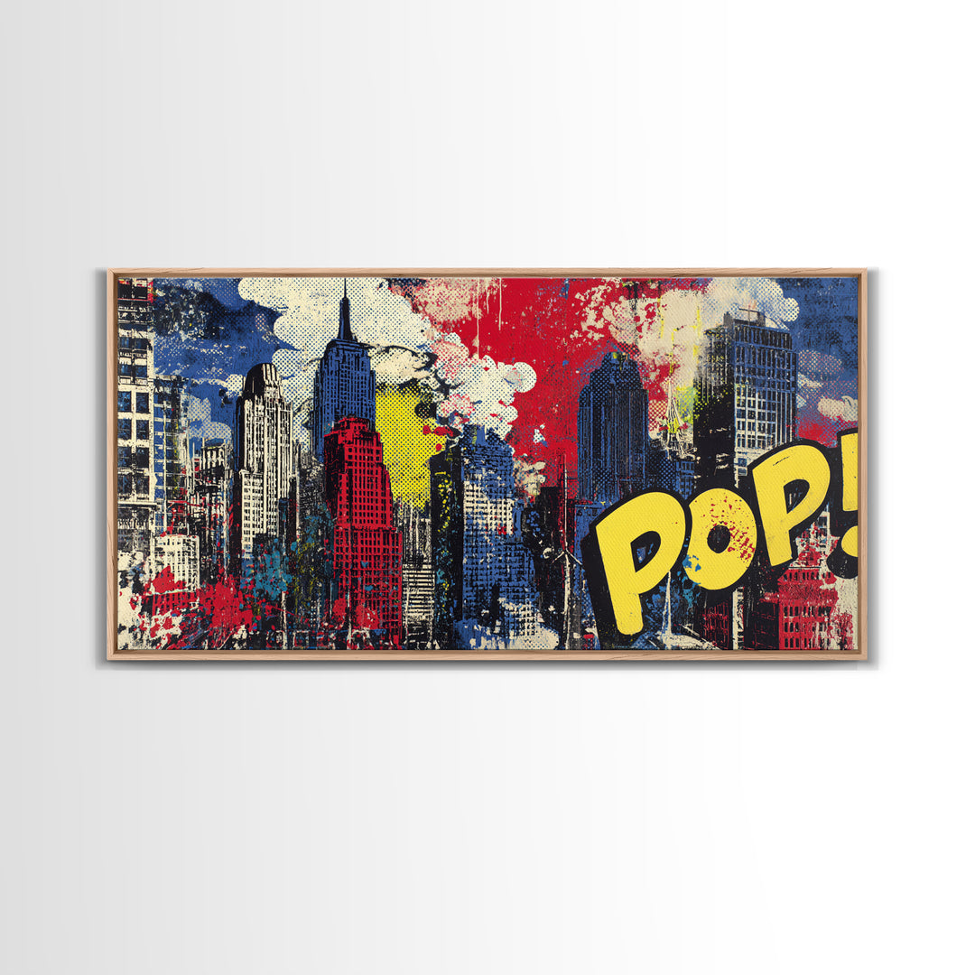 Comic Book City Skyline Canvas Print, Pop Art, Custom Portrait, Living Room Decor, Abstract Art, Pop, Mexican Art, Modern Art, POP-2x1-49
