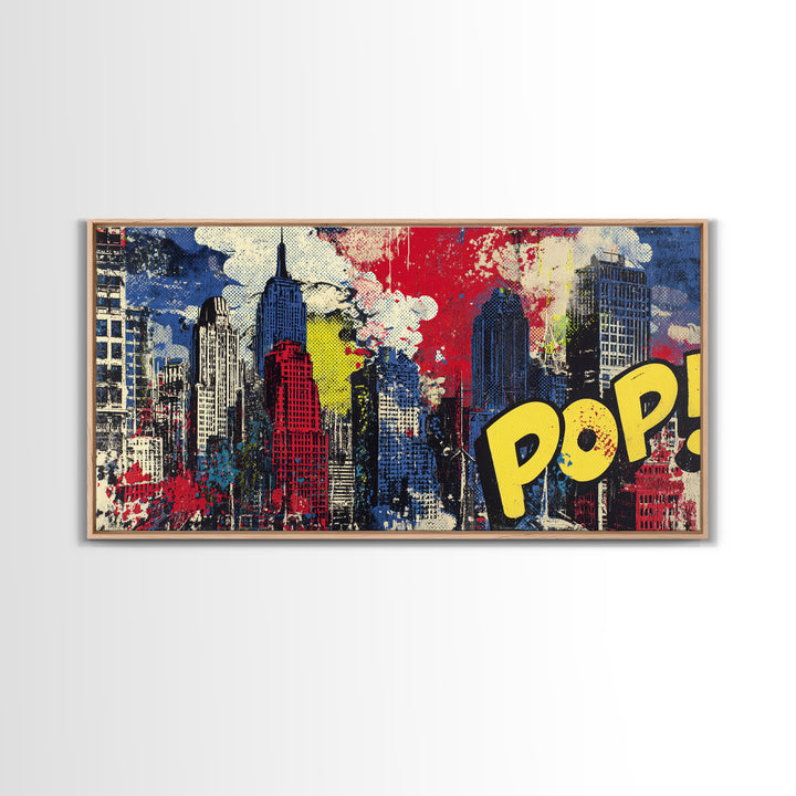 Comic Book City Skyline Canvas Print, Pop Art, Custom Portrait, Living Room Decor, Abstract Art, Pop, Mexican Art, Modern Art, POP-2x1-49