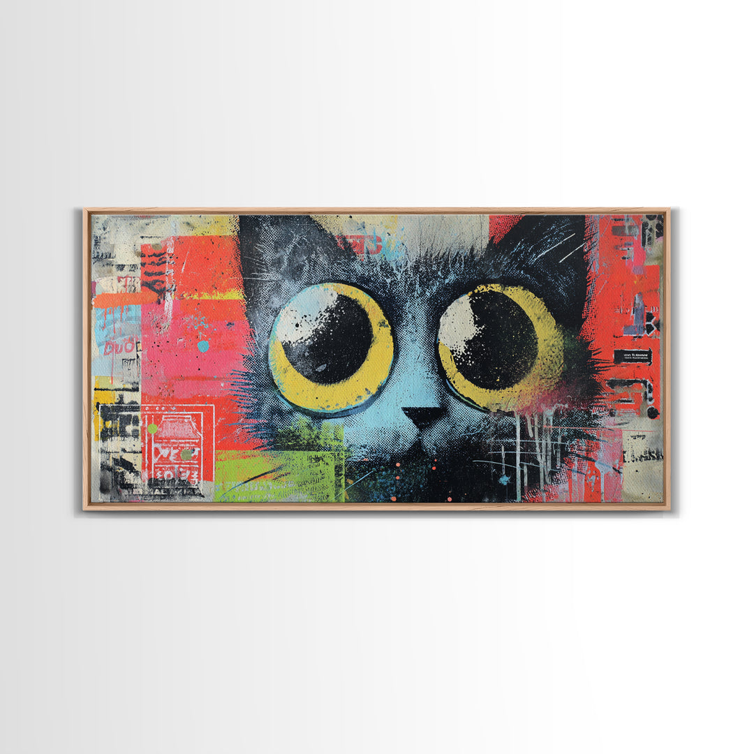 Comic Cat with Oversized Eyes Framed Canvas Print, Pop Art, Home Decor, Living Room Decor, Fine Art, Pop, Canvas Wall Art, POP-2x1-86