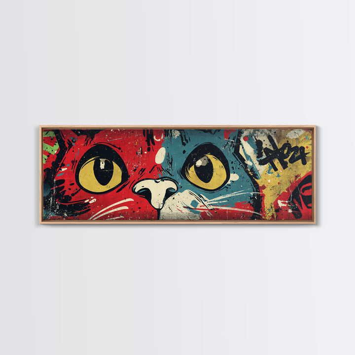Comic Cat with Oversized Eyes Framed Canvas Print, Pop Art, Original Art, Living Room Decor, Fine Art, Pop, Original Artwork, POP-3x1-58