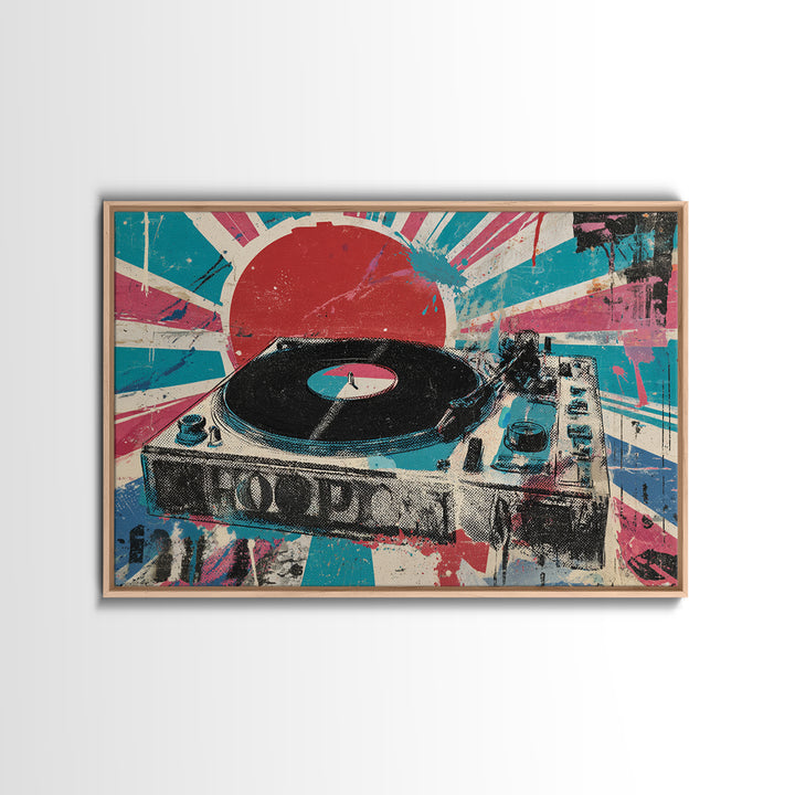 Record Player with Graphic Sound Rays Framed Canvas Print, Pop Art, Bedroom Decor, Living Room Decor, Oil Painting, Pop, POP-3x2-74