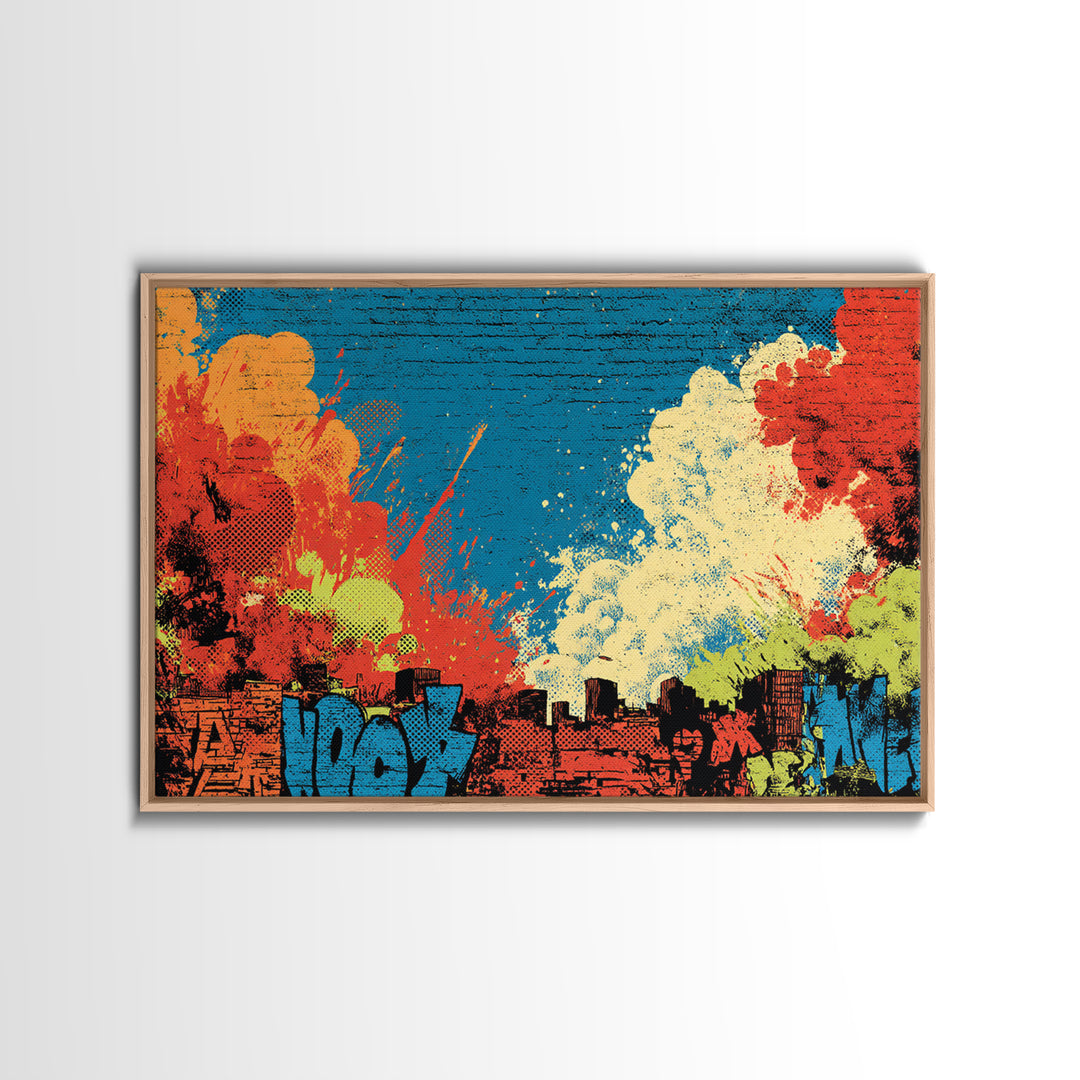 Comic Book City Skyline Framed Canvas Print, Pop Art, Football Wall Art, Living Room Decor, Abstract Art, Pop, Art Print, POP-3x2-81