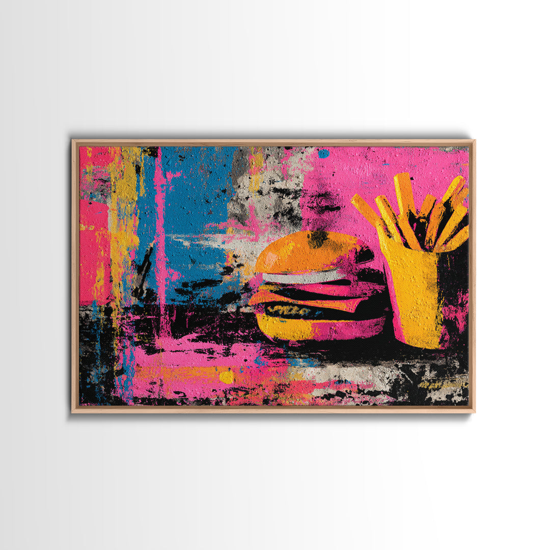 Hamburger and Fries Framed Canvas Print, Pop Art, Party Decor, Living Room Decor, Fine Art, Pop, Textured Painting, POP-3x2-85