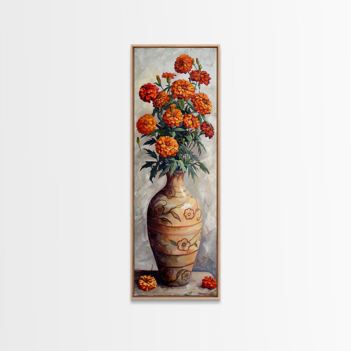 Orange Marigolds in Vase Painted on Textured Canvas, Tall and Narrow Framed Art, Botanical Art Print for Kitchen, Gallery Art, Moody Art