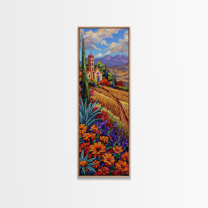 Framed and Printed Canvas Painting of Colorful Tuscan Countryside, Gouache Textured Canvas Painting, Botanical Wall Art Print, Skinny Art