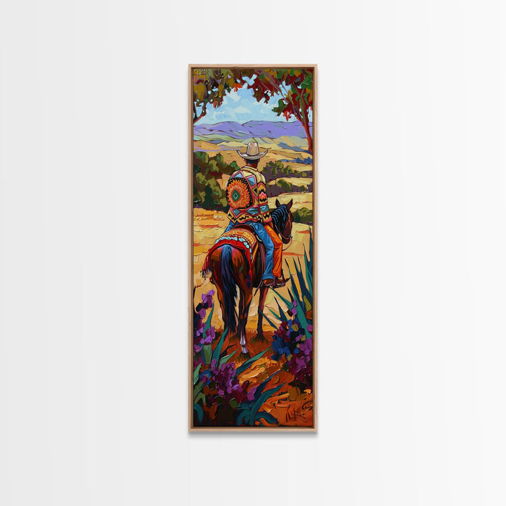 Long Narrow Wall Art Painting of Jalisco Cowboy, Southwest Wall Art Painting, Colorful Desert Canvas Painting Framed and Printed, Office Art