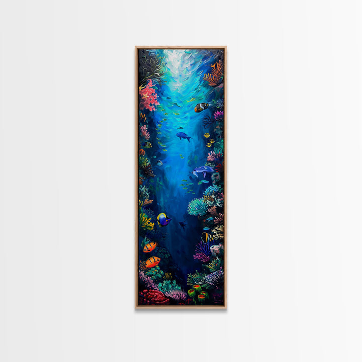 Oversized Vertical Framed Canvas Painting of Colorful Coral Reef, Ocean Painting Framed, Ocean Landscape Wall Art Print, Vibrant Art