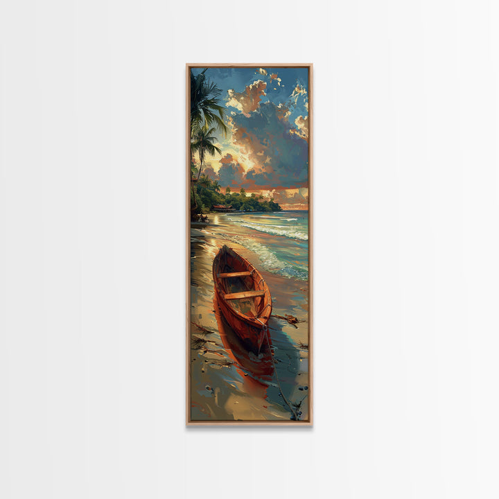 Red Boat Resting on the Shoreline - Framed Canvas Print, Midcentury Modern Wall Art, Skinny Art, Tall Art, Living Room Decor