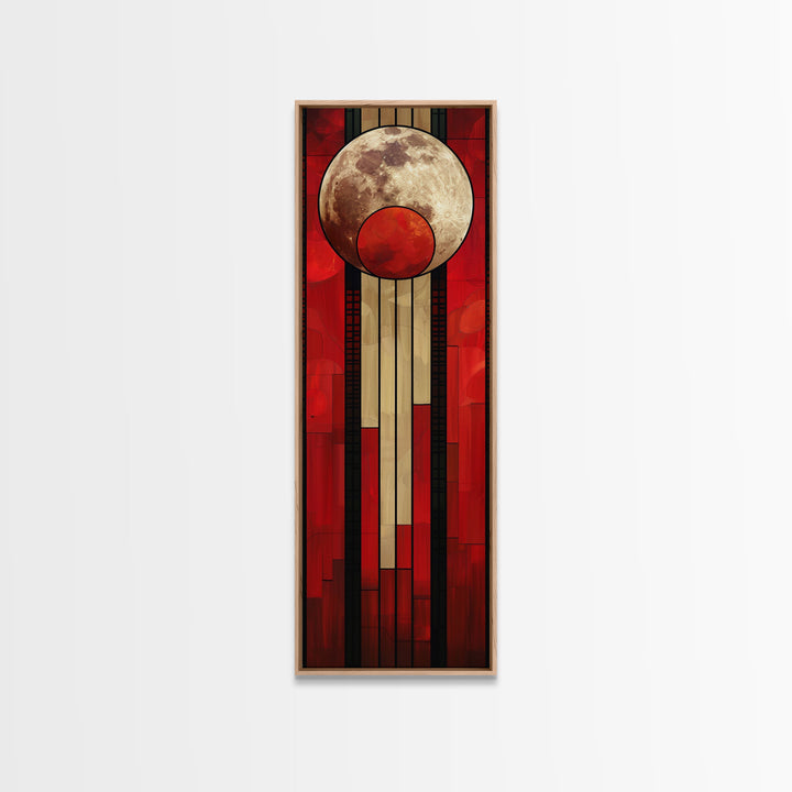 Lunar and Sun Geometric Art in Red and Beige Tones - Framed Canvas Print, Midcentury Modern Art, Skinny Art, Tall Art, Living Room Wall Decor