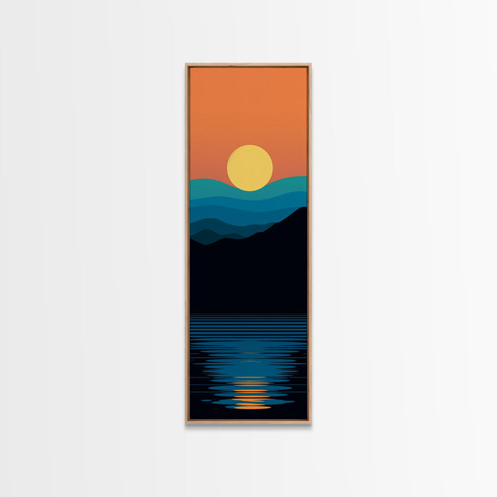 Minimalist Sunset Over Mountains Midcentury Modern Art - Framed Canvas Print, Boho Art, Skinny Art, Living Room Art, Bedroom Decor, Landscape