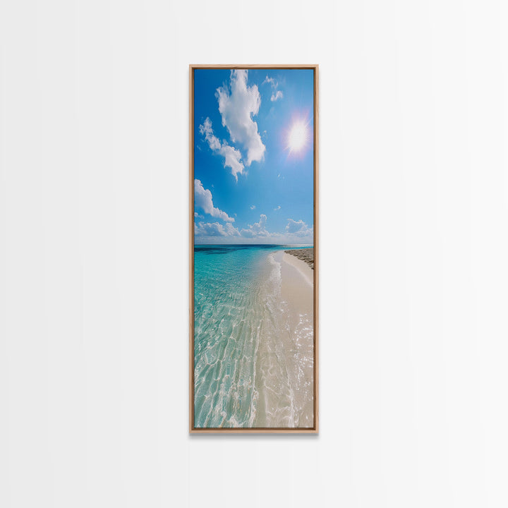 Serene Coastal Shoreline Landscape Painting in Blue and Orange Hues, Modern Framed Canvas Print, Ideal for Contemporary Wall Art Décor