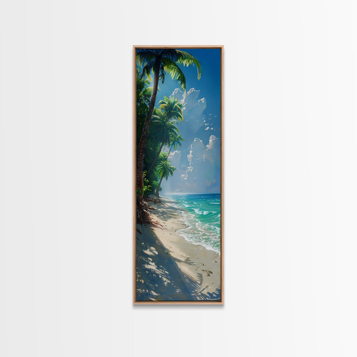 Lush Jungle With Flowing River And Bright Sunlight Skinny Art Framed Canvas Print For Living Room Or Guest Room Wall Decor