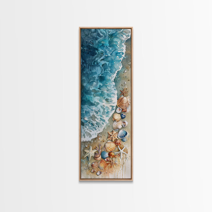 Coastal Beach Watercolor Painting - Framed Canvas Print, Skinny Tall Art, Wall Art for Living Room, Bedroom Decor, Beach Scene Art, Ocean View Print