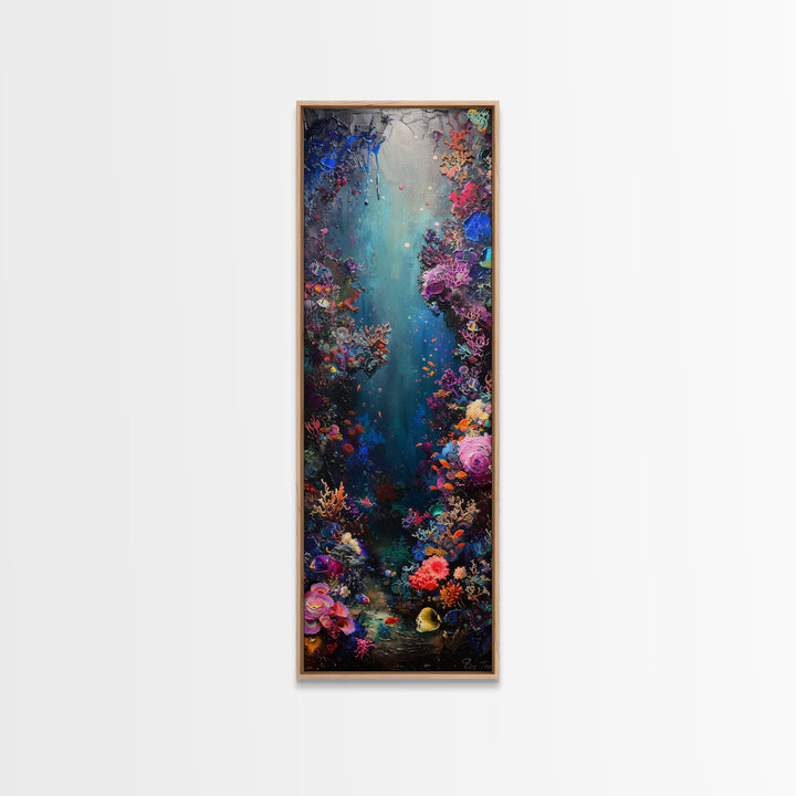 Deep Sea Adventure with Colorful Coral Reefs, Skinny and Tall Art, Stunning Framed Canvas Print, Underwater Landscape Wall Art