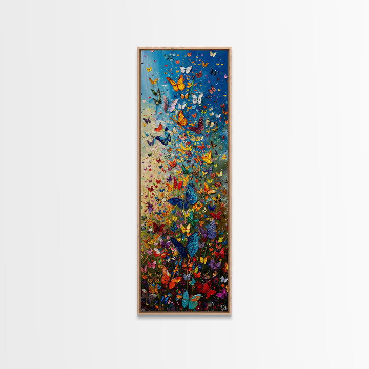 Burst of Colorful Butterflies in a Floral Meadow, Skinny and Tall Art, Energetic Framed Canvas Print, Vibrant Wall Art