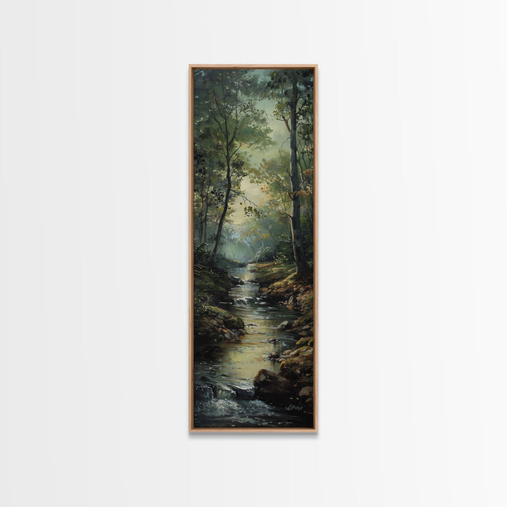 Peaceful Forest Stream in the Early Morning Light, Skinny and Tall Art, Framed Canvas Print, Cozy Wall Art Decor