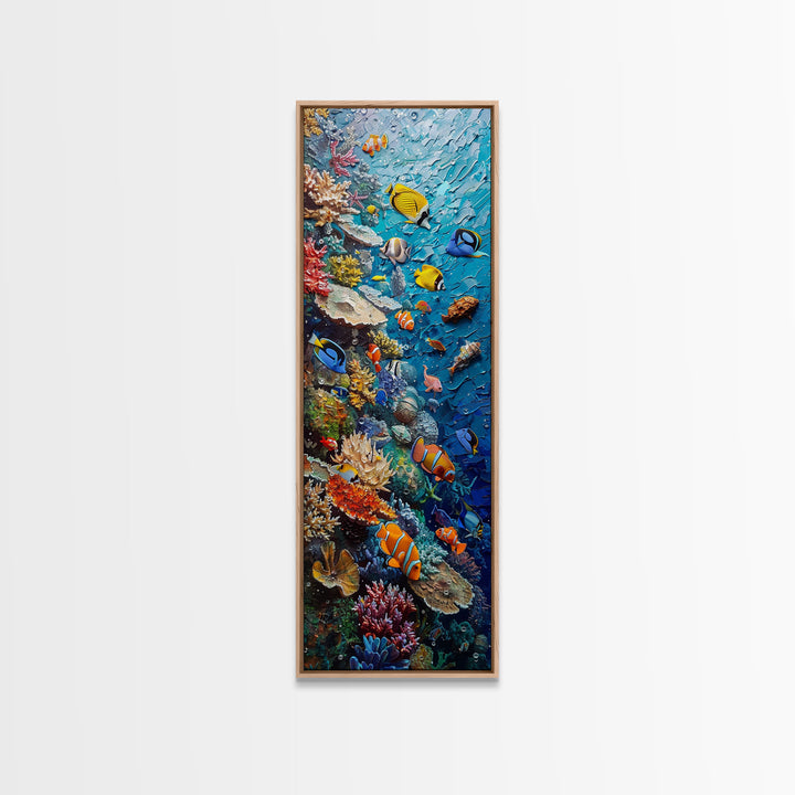 Vibrant Coral Reef Underwater Scene Featuring Diverse Tropical Fish on a Framed Canvas Print Skinny Art Piece