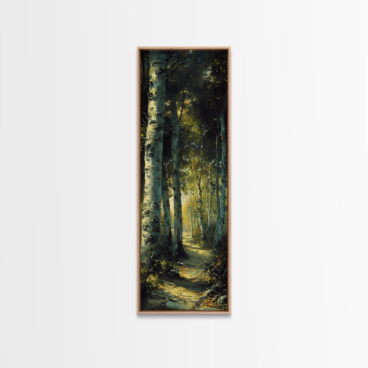 Serene Birch Tree Pathway in Tall Skinny Art Framed Canvas Print Perfect for Tranquil Wall Decor in Bedrooms or Study Rooms